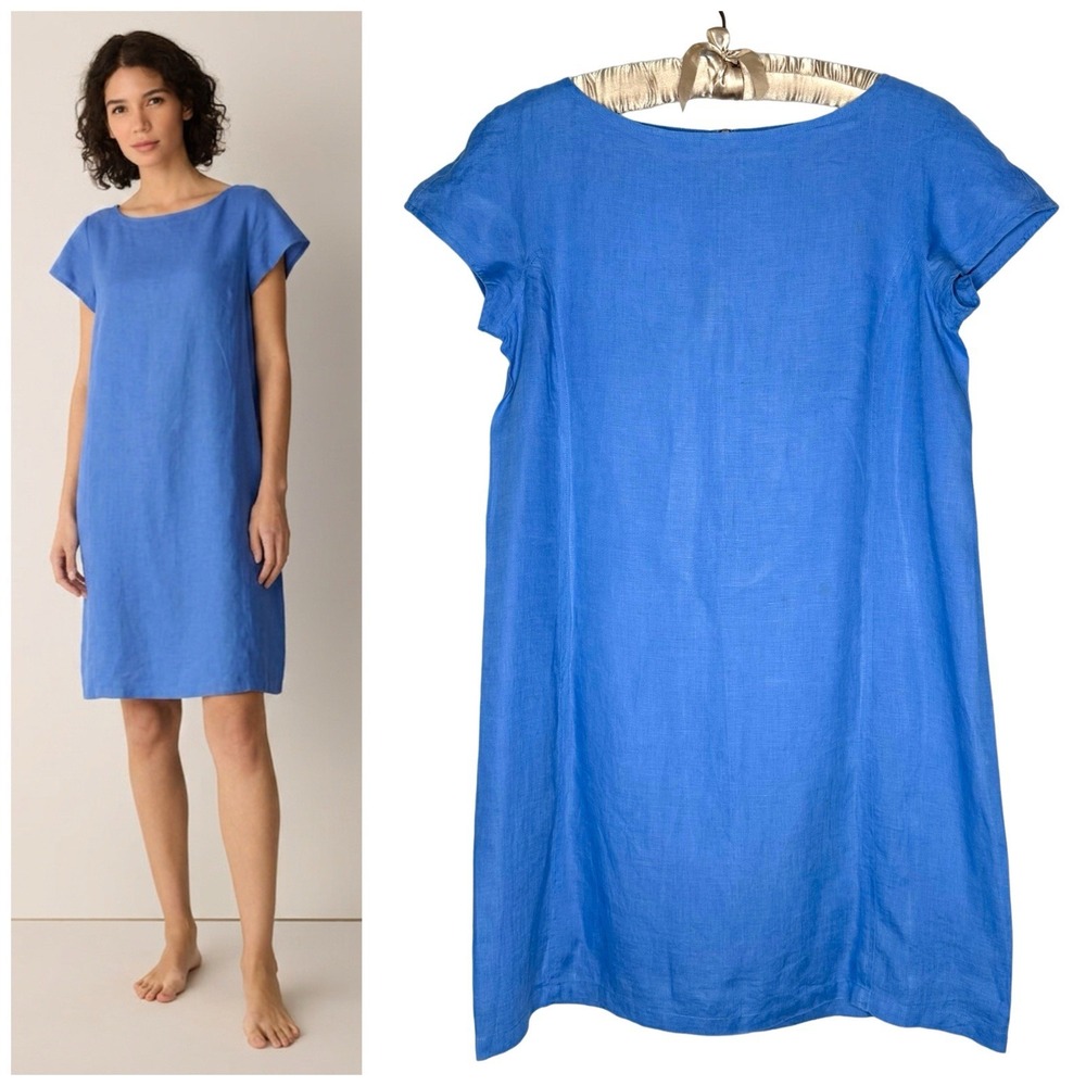 Eileen Fisher Size S Organic Linen Shift Dress Rear Zip Fully Lined Periwinkle